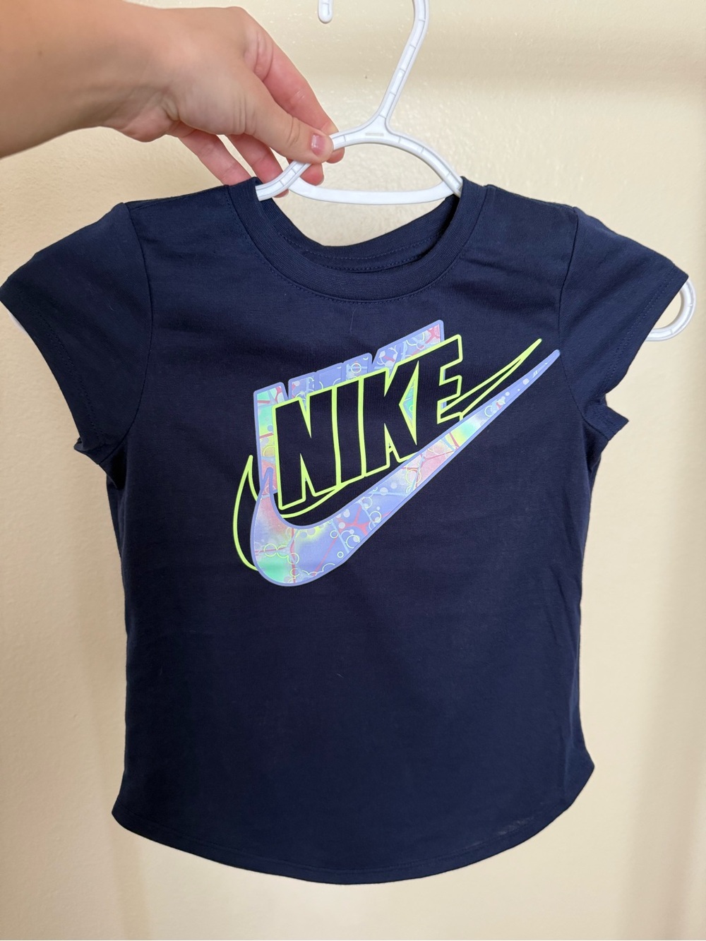 Nike Girls' Navy Short-Sleeve Tee with Iridescent Swoosh